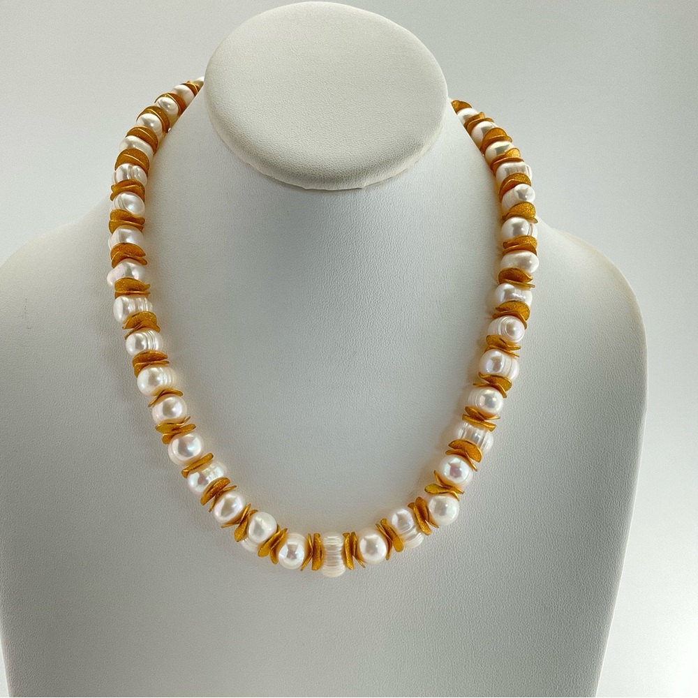 Chunky, White Baroque Pearl & Sparkle Gold Necklace, Fresh Water Pearls, Baroque - Picture 8 of 12